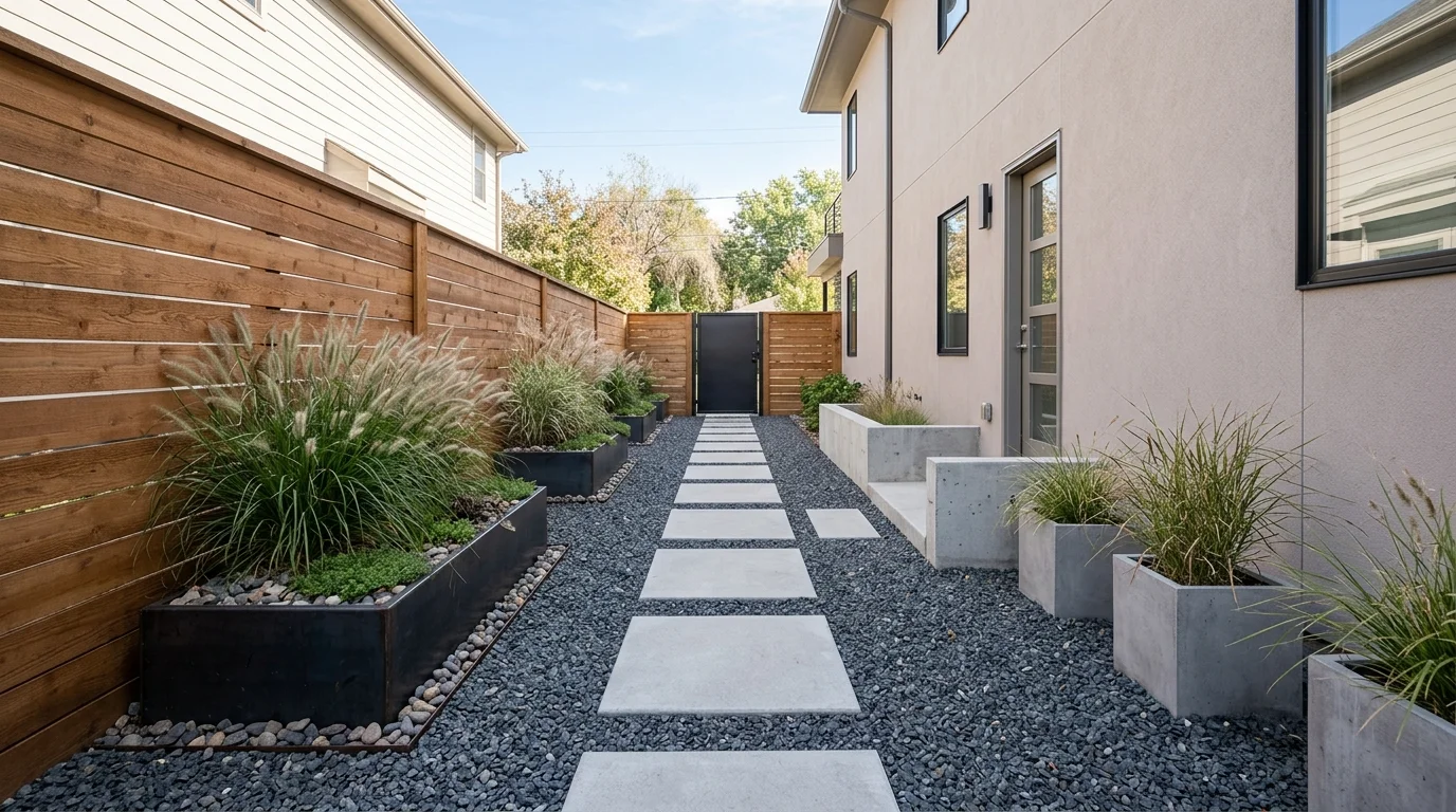 A modern side yard design with gravel pathway, concrete pavers, minimalist planters with ornamental grasses, clean lines, soft neutral tones, bright daylight, straight-on composition, no people