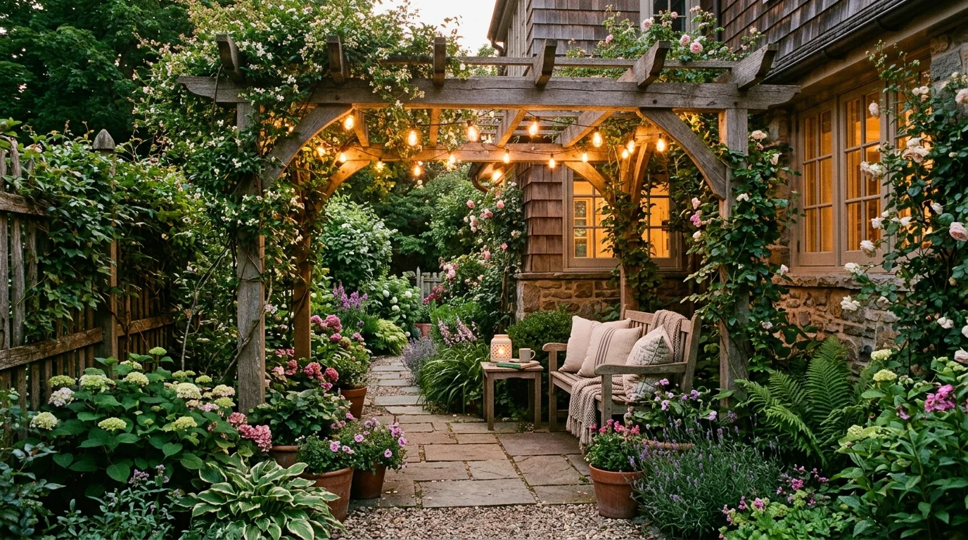 A cozy side yard garden with a wooden pergola overhead, climbing vines, hanging string lights, small seating bench, warm evening glow, intimate outdoor mood, no people