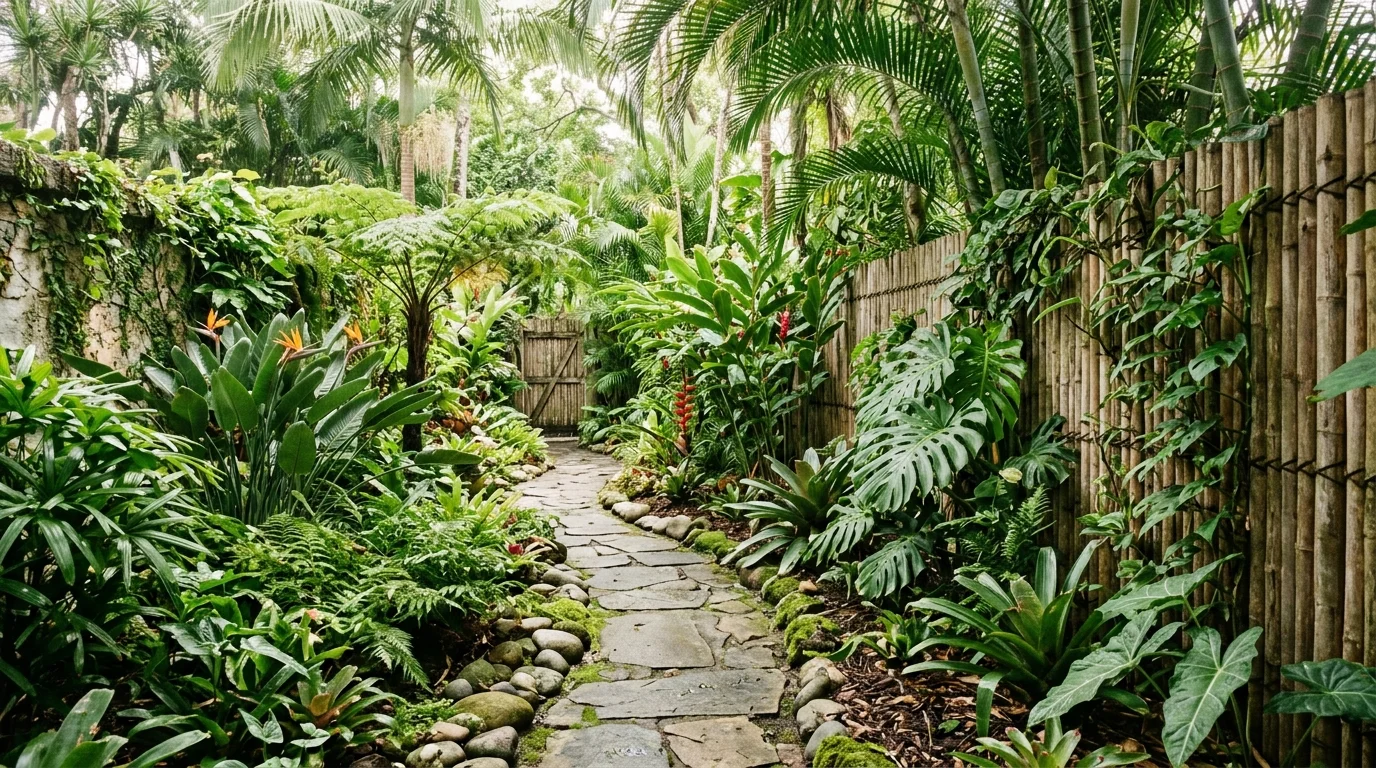 A tropical-inspired side yard with dense leafy plants, bamboo fencing, stone walkway, layered greenery, humid lush feel, filtered sunlight, slightly angled shot, no people