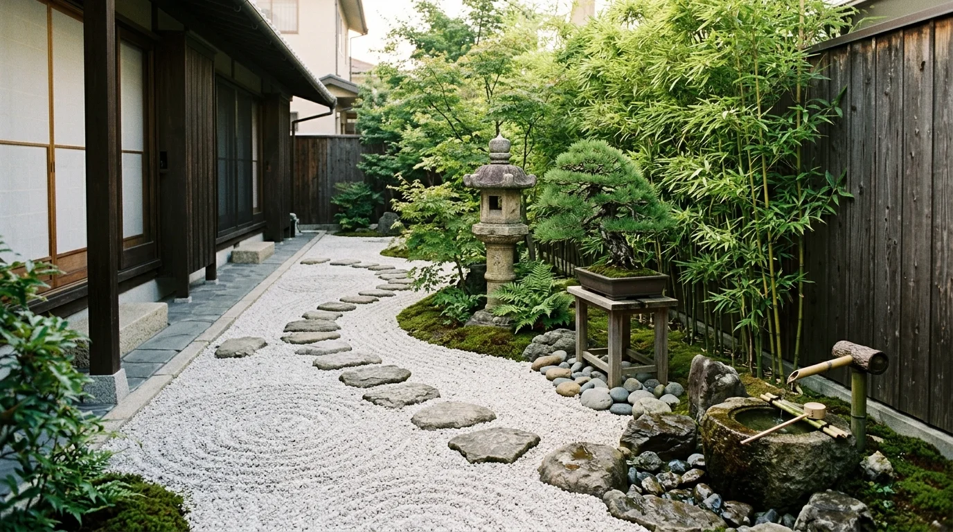 A modern Japanese-style side yard with Zen gravel raking patterns, stone lanterns, bonsai trees, bamboo accents, calm minimal aesthetic, soft natural light, no people