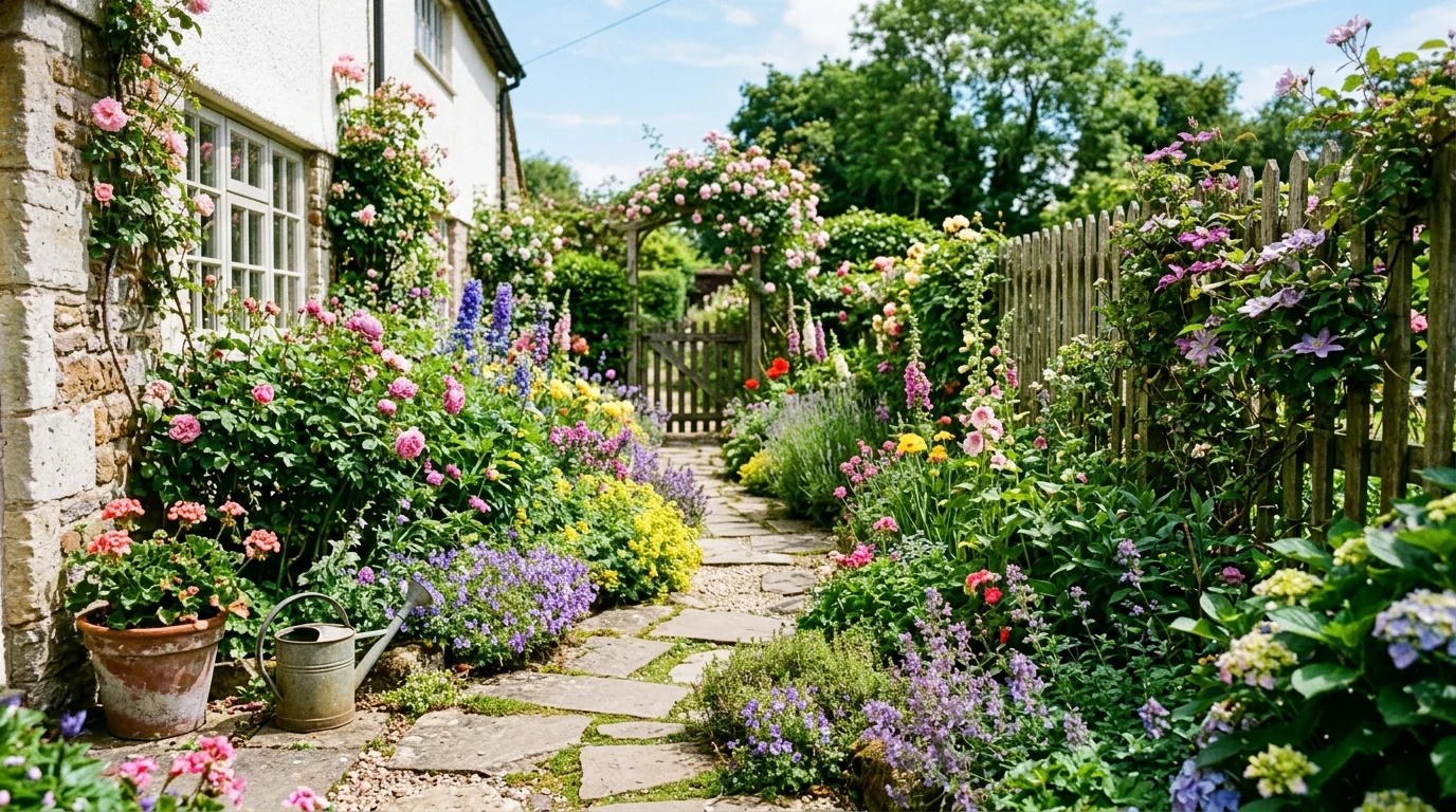 A cottage-style side yard filled with colorful flower beds, winding stone path, rustic wooden fence, overflowing blooms, bright cheerful daylight, no people