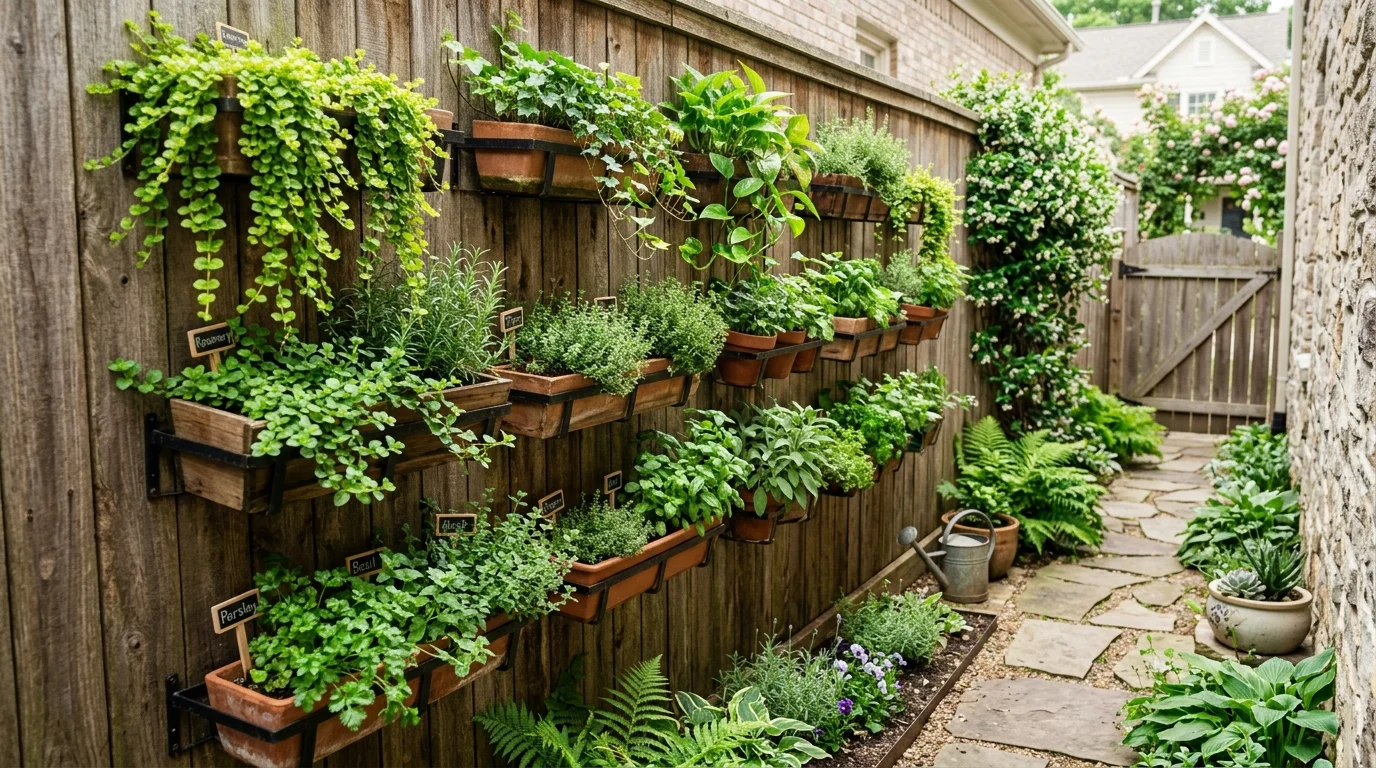 A vertical garden side yard with wall-mounted planters, herbs and trailing plants, compact design, wooden fence backdrop, fresh green tones, soft daylight, no people