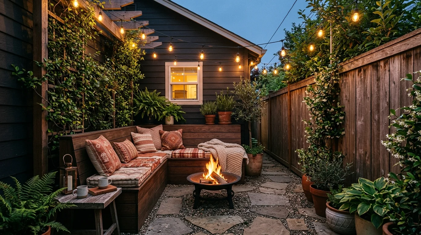 A narrow side yard seating nook with built-in wooden bench, cushions, small fire pit, string lights overhead, cozy evening ambiance, warm lighting, no people