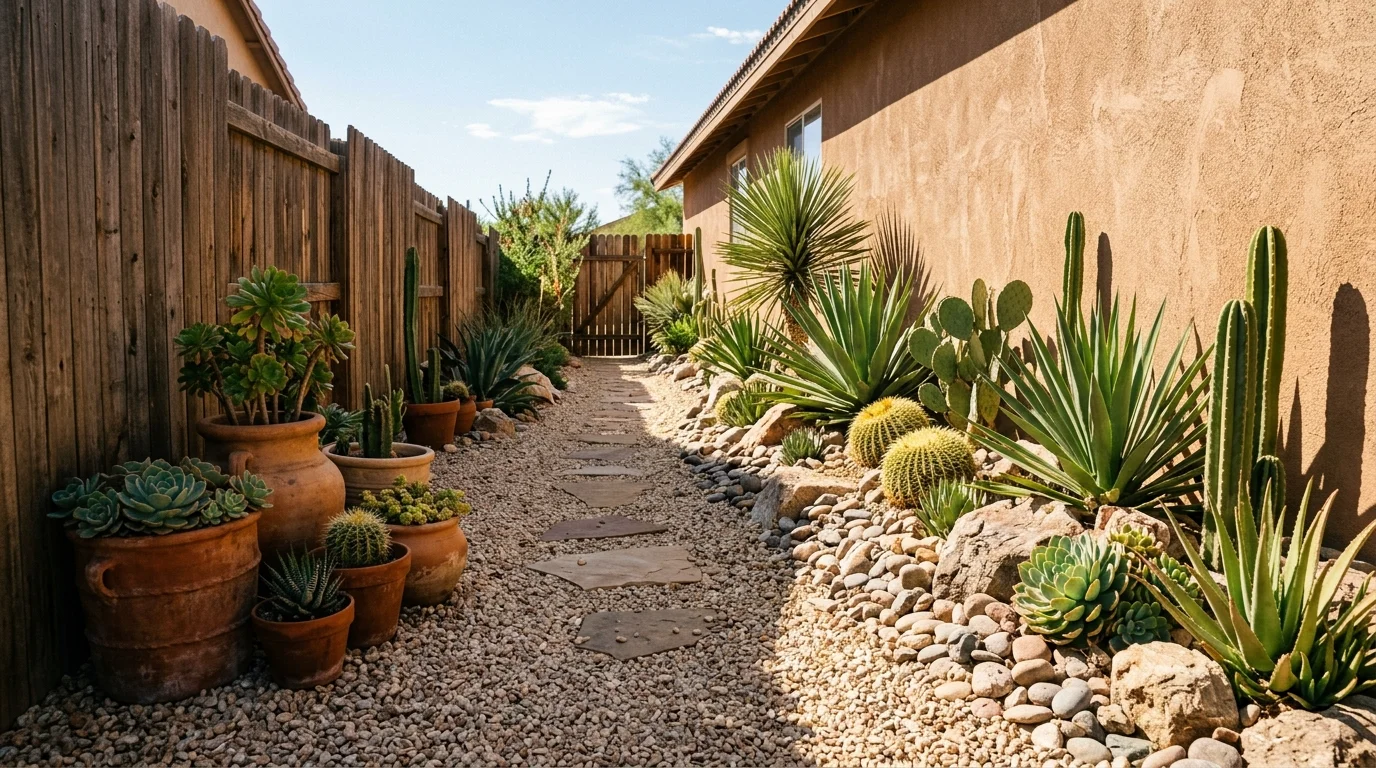 A desert-inspired side yard with succulents, cactus plants, gravel ground, terracotta pots, warm earthy palette, strong sunlight, minimalist design, no people