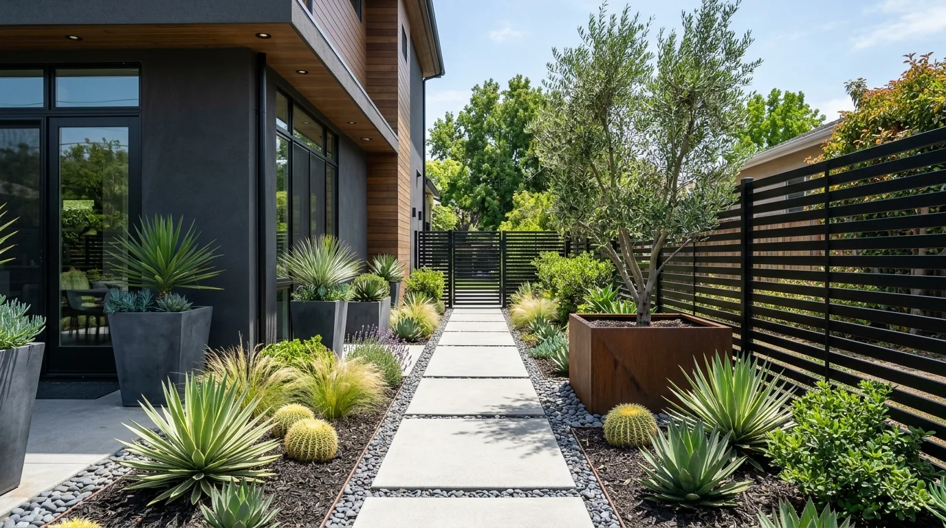 A modern side yard with sleek concrete pathway, geometric planters, black metal fencing, sculptural plants, clean architectural aesthetic, bright daylight, no people