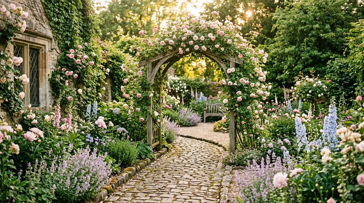 A romantic side yard garden with archway covered in roses, cobblestone path, soft pastel flowers, dreamy atmosphere, golden hour lighting, no people