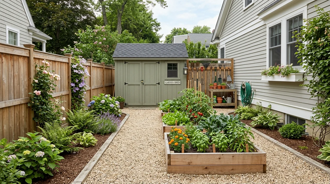 A functional side yard with storage shed, organized garden tools, raised planter beds, neat gravel floor, practical landscaping design, natural daylight, no people