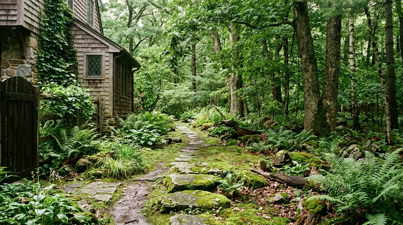 A woodland-inspired side yard with mossy stones, ferns, shaded trees, natural uneven path, tranquil forest feel, soft filtered light, no people