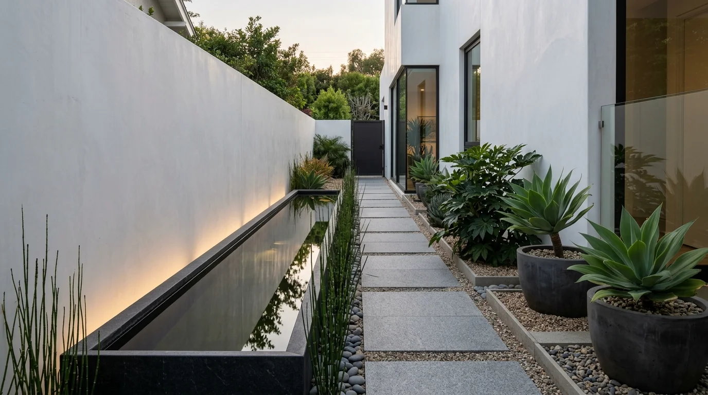 A minimalist side yard with white walls, narrow water feature, reflective surface, sculptural plants, serene modern design, soft ambient lighting, no people