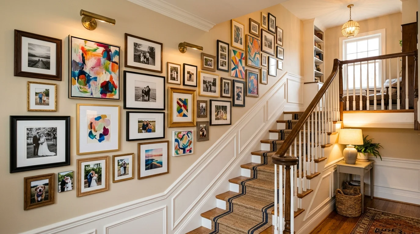 A creative staircase wall with mixed-size art frames, abstract paintings, and personal photos in an asymmetrical layout, cozy warm lighting, stylish transitional interior, no people