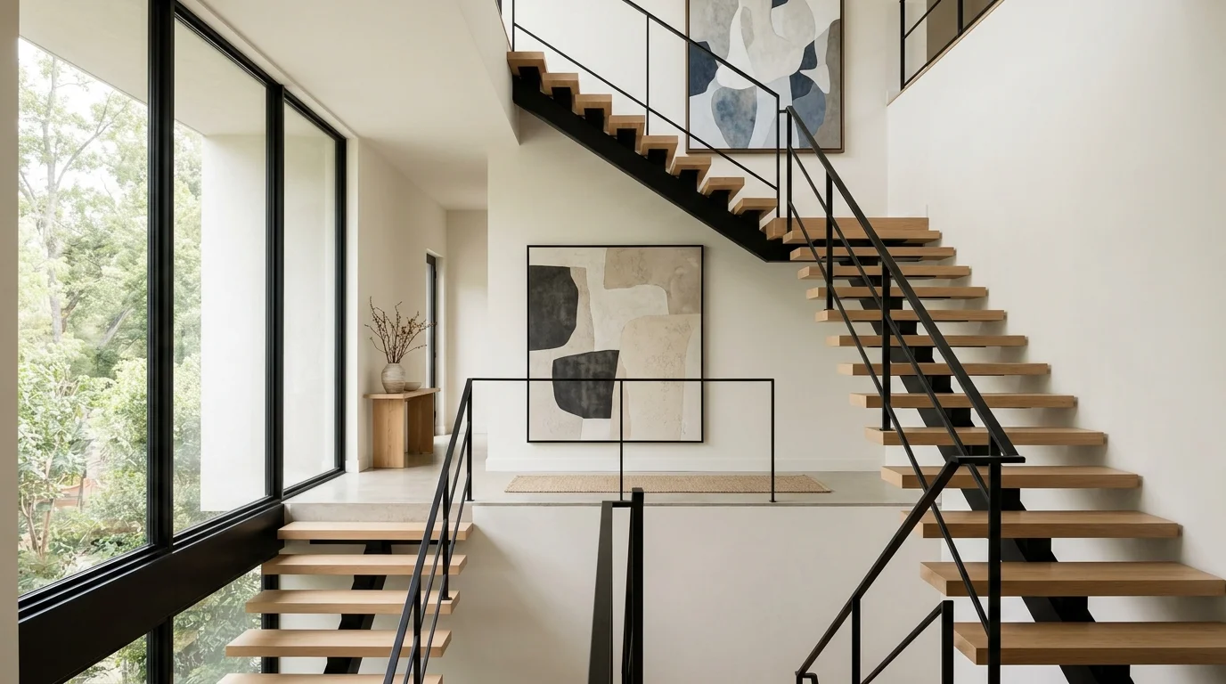 A minimalist staircase wall featuring oversized single statement artwork per landing, neutral tones, clean lines, airy natural light, sophisticated modern design, no people