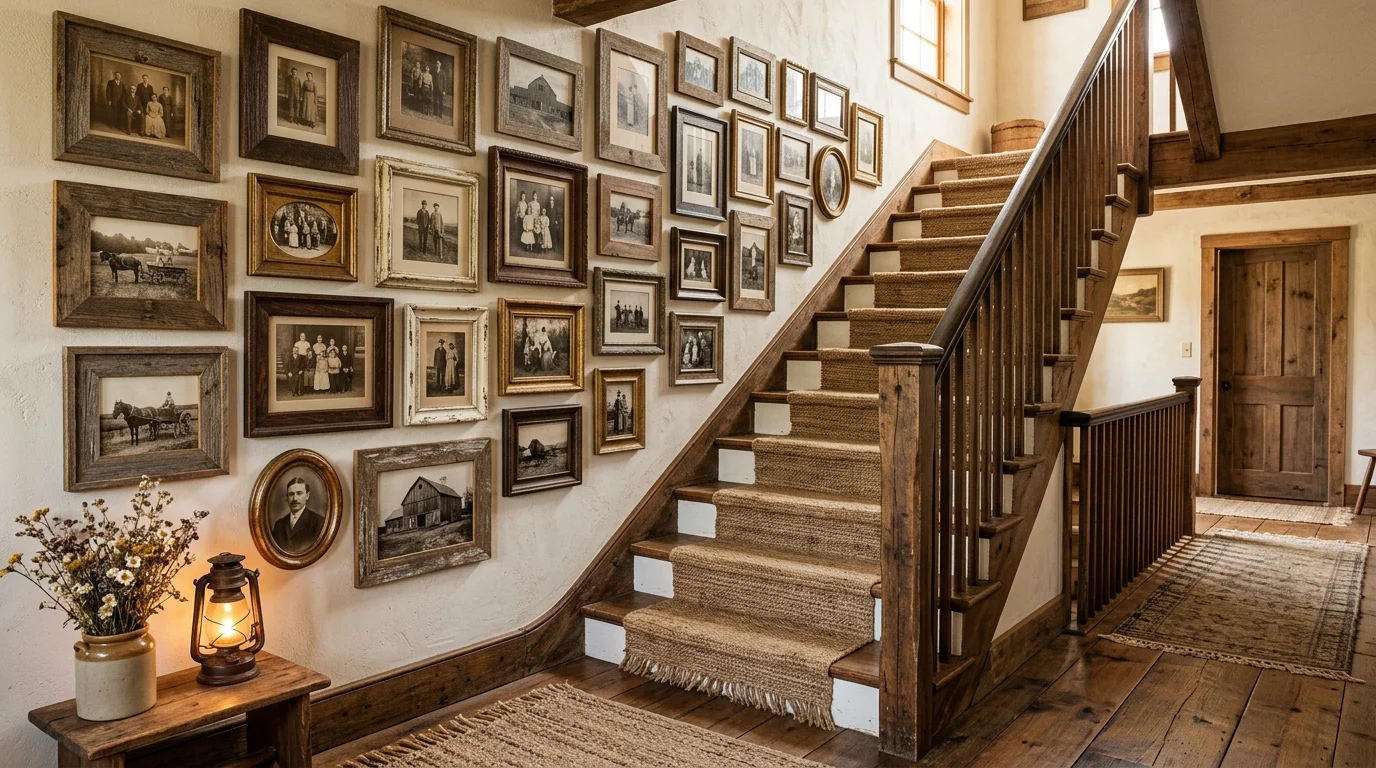 A rustic staircase gallery wall with wooden frames, vintage photographs, and distressed finishes, warm farmhouse atmosphere, soft golden lighting, no people