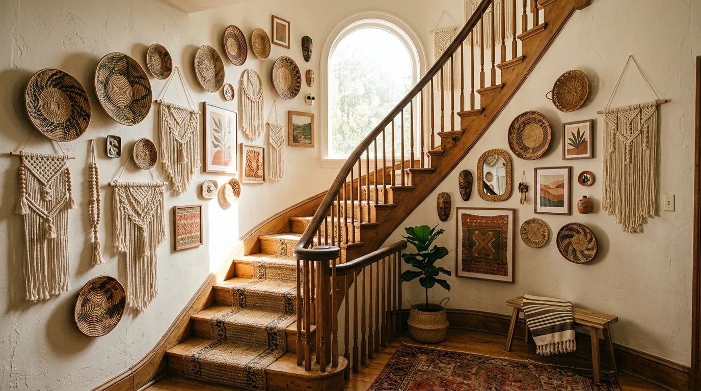 A boho staircase wall decorated with woven baskets, macramé hangings, and earthy-toned art pieces, relaxed eclectic vibe, natural sunlight, no people