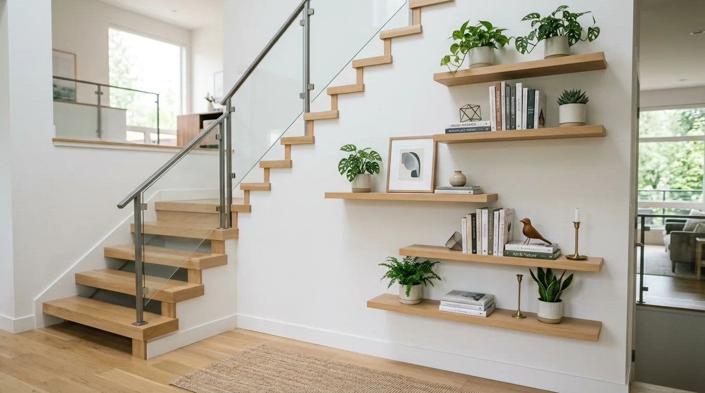 A modern staircase wall with floating shelves displaying small plants, books, and decor objects, clean white walls, balanced composition, soft daylight, no people