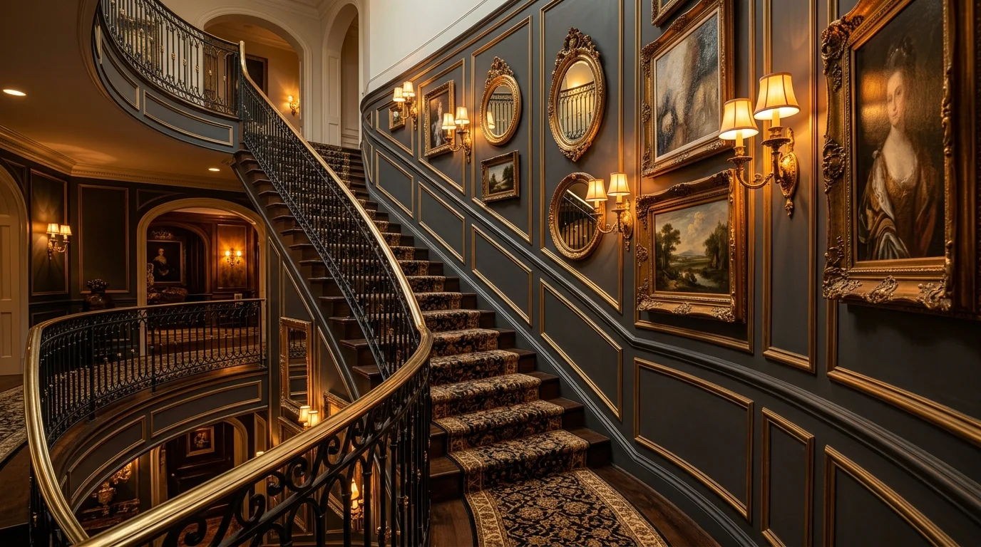 A luxury staircase wall with gold-framed mirrors, elegant art pieces, and sconces casting warm glow, upscale interior design, dramatic lighting, no people