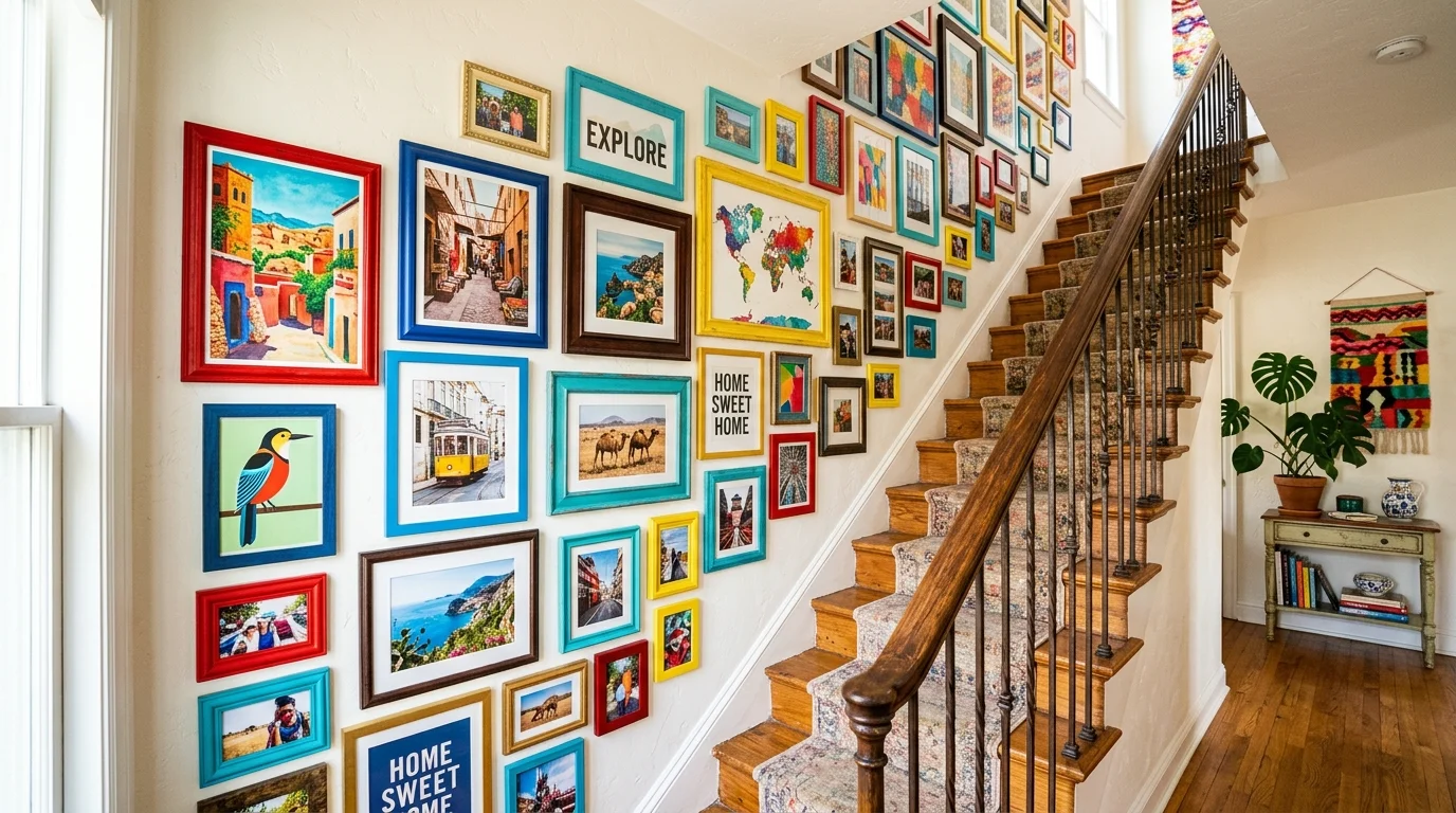 A colorful staircase gallery wall with vibrant artwork, travel photos, and bold frames, energetic artistic home vibe, bright natural light, no people