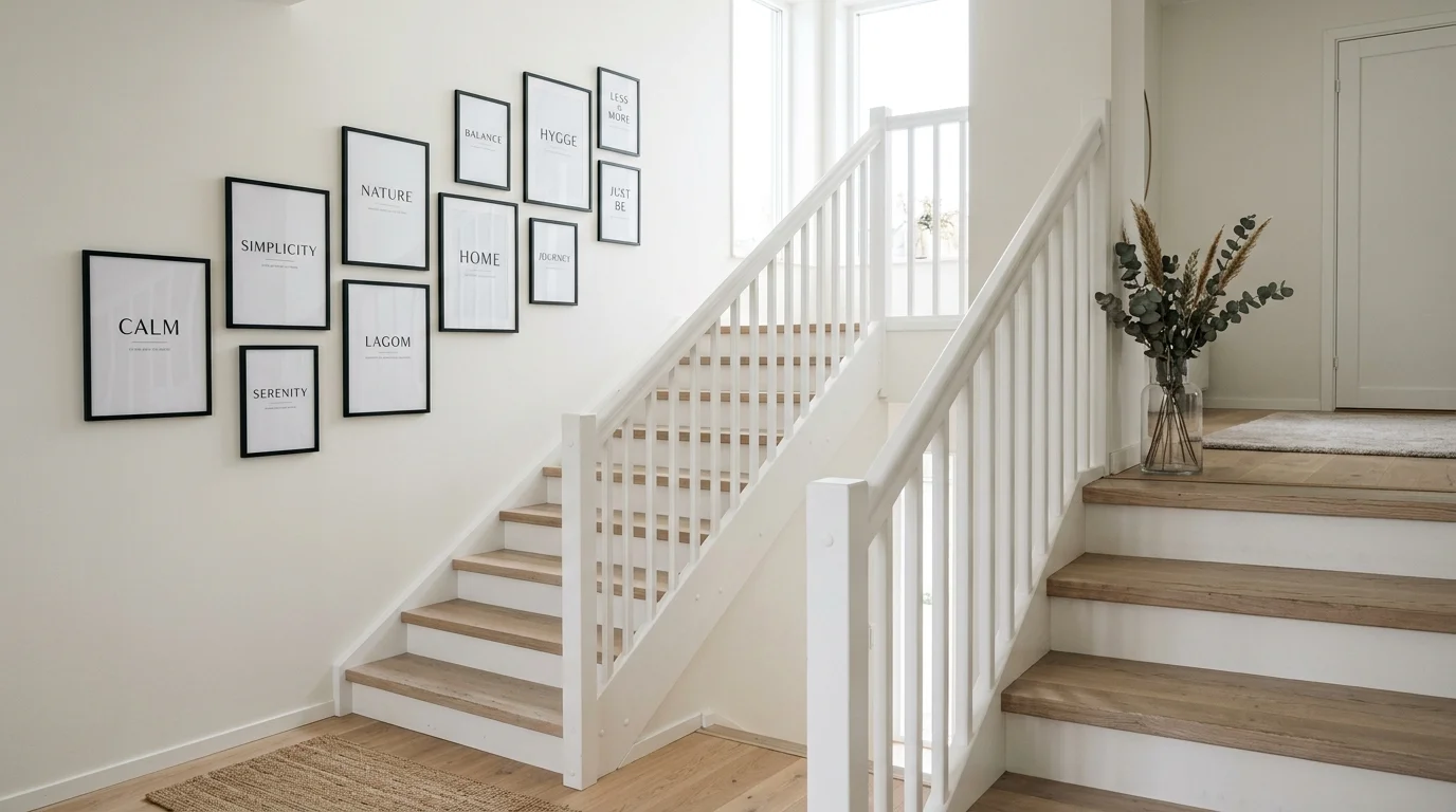 A Scandinavian staircase wall with minimal black frames, white backgrounds, and simple typography prints, calm neutral palette, airy aesthetic, no people