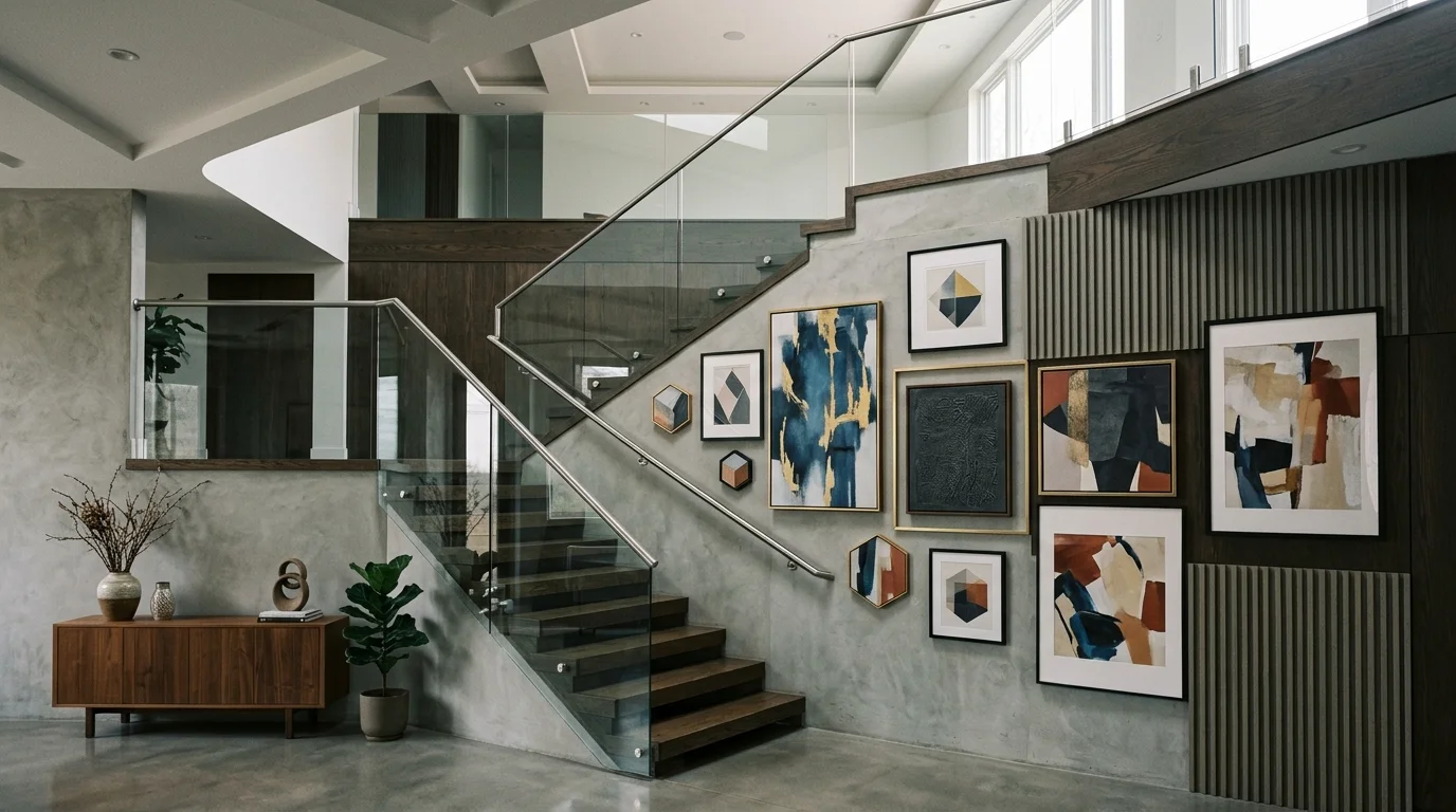 A contemporary staircase wall with geometric frame arrangement, mixed textures, and modern abstract art, sleek interior styling, soft diffused lighting, no people