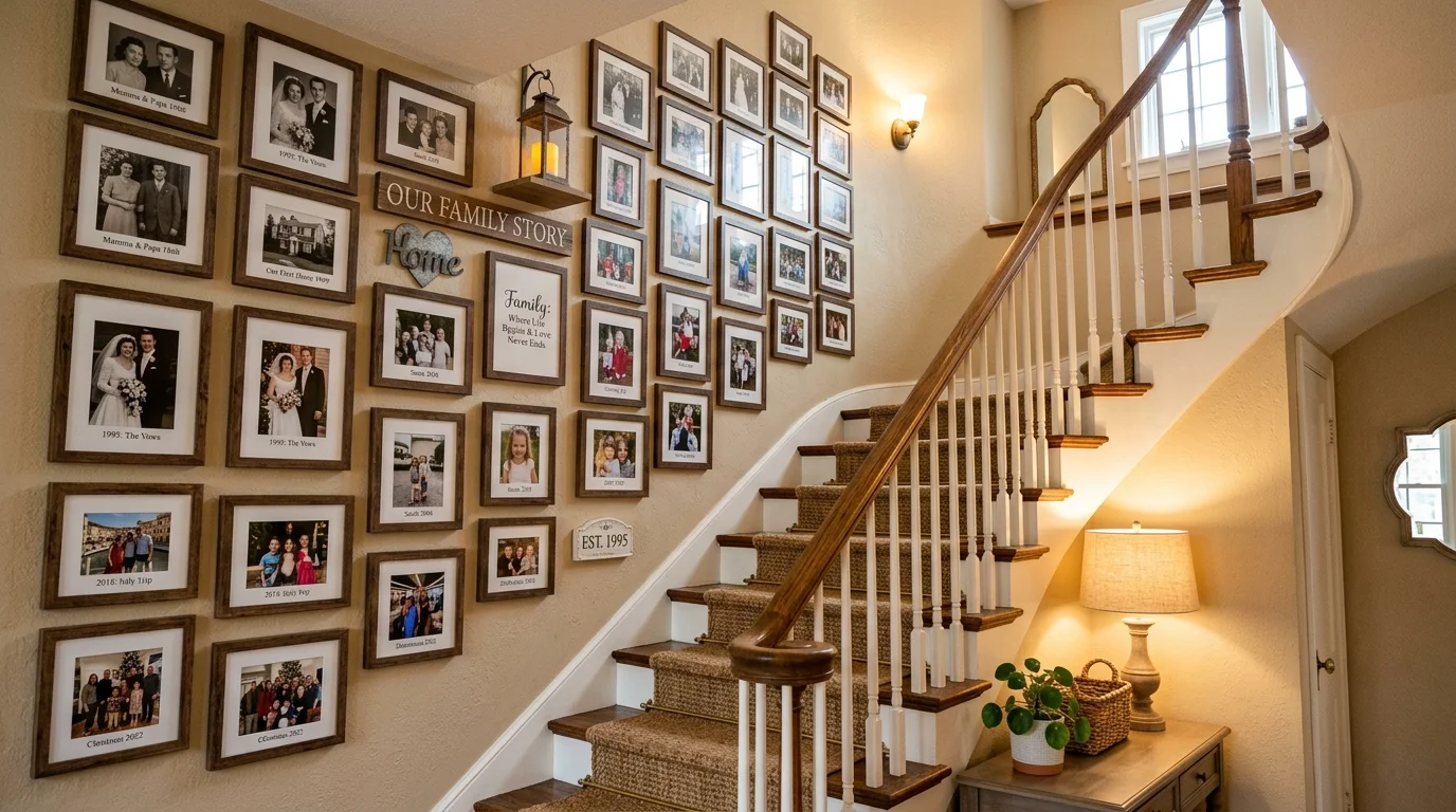 A family-focused staircase wall with curated photo timeline, matching frames, and sentimental decor, cozy home atmosphere, warm ambient light, no people