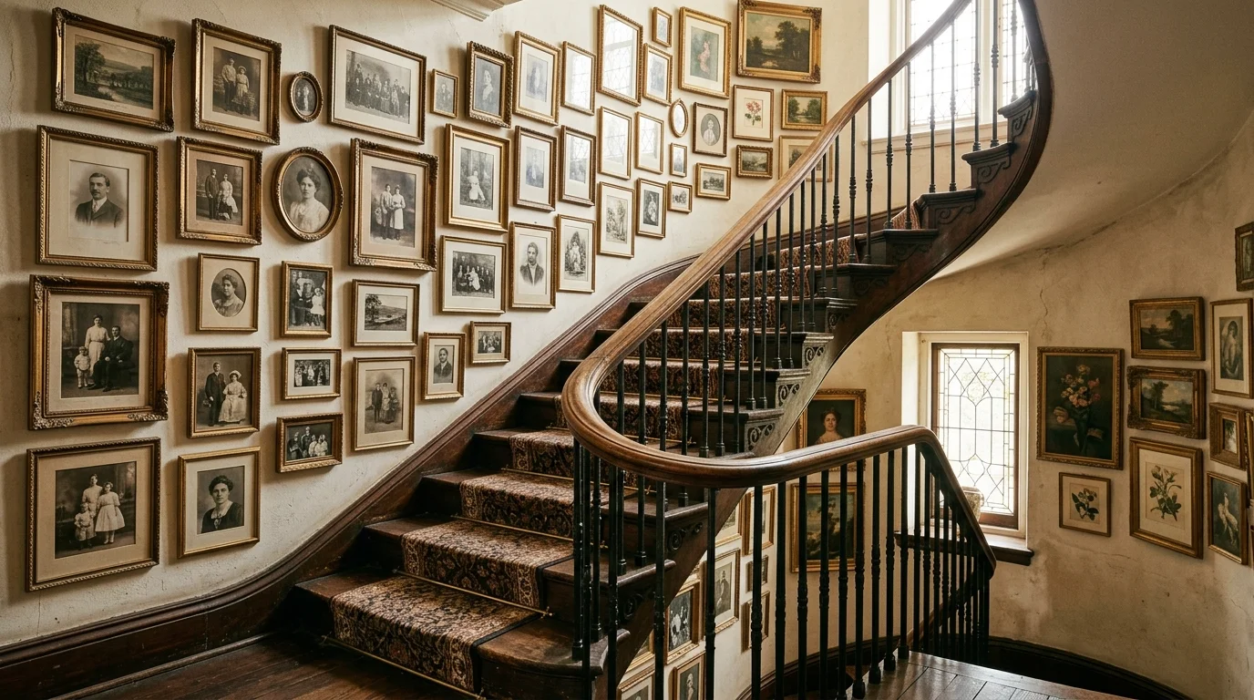 A vintage-inspired staircase wall with ornate antique frames, sepia-toned photos, and classic artwork, nostalgic elegant feel, warm lighting, no people