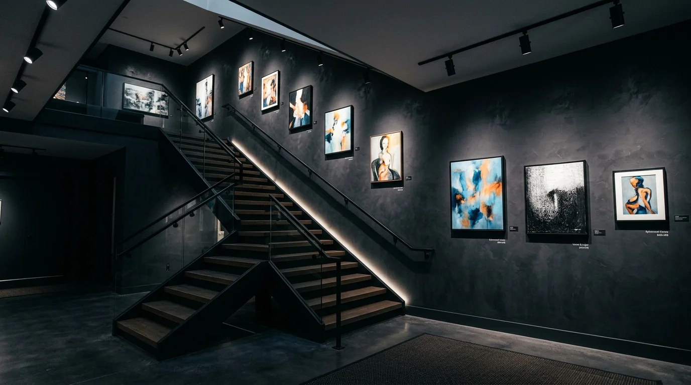 A dramatic dark staircase wall with moody paint color, illuminated artwork, and spotlight gallery lighting, cinematic modern interior, no people