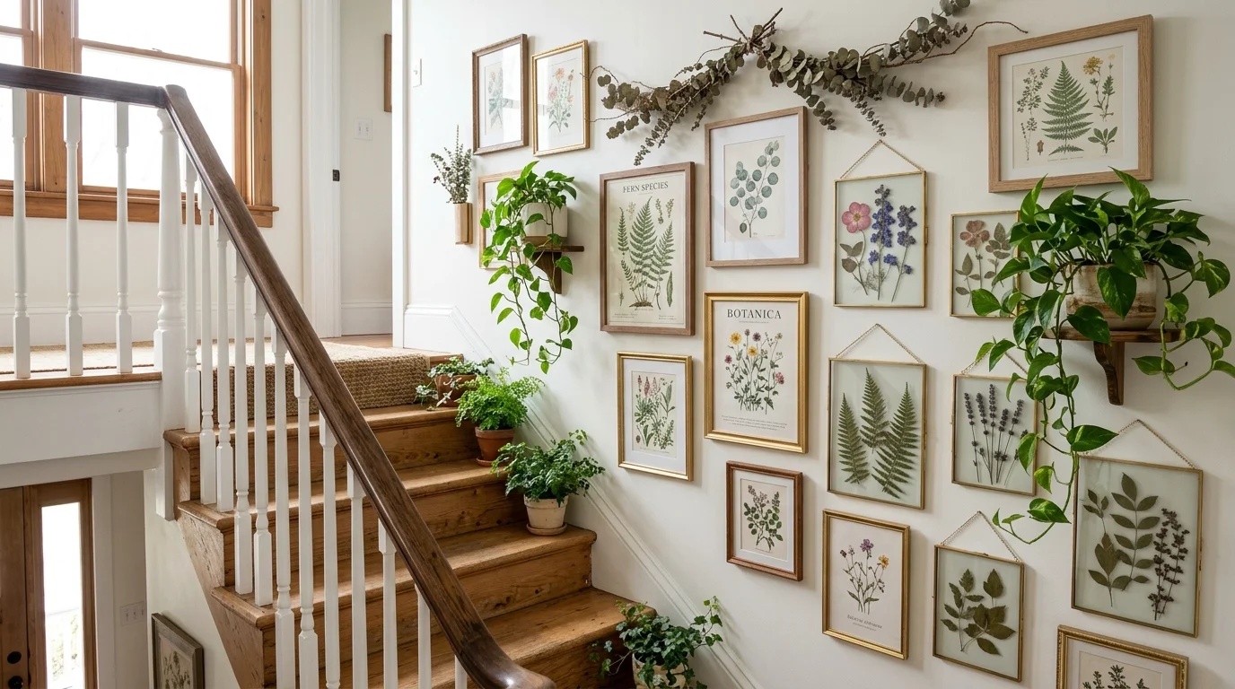 A nature-themed staircase wall with botanical prints, pressed flower frames, and greenery accents, fresh organic aesthetic, soft daylight, no people