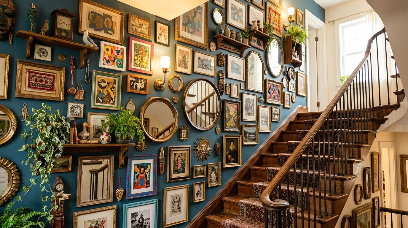 A layered eclectic staircase wall combining mirrors, art, shelves, and mixed media decor in a curated collage style, creative bold interior, warm lighting, no people