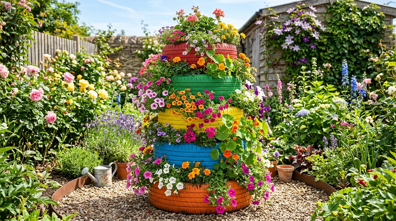 A stack of tires painted in different bold colors arranged as a tiered planter with cascading flowers bright sunlight lively colorful garden decor no people