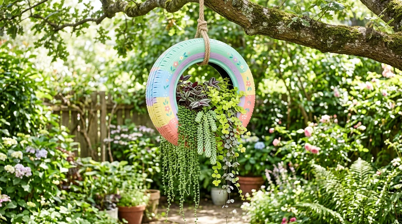 A hanging tire planter painted in pastel tones filled with trailing plants suspended from a tree bright natural light creative vertical garden idea no people