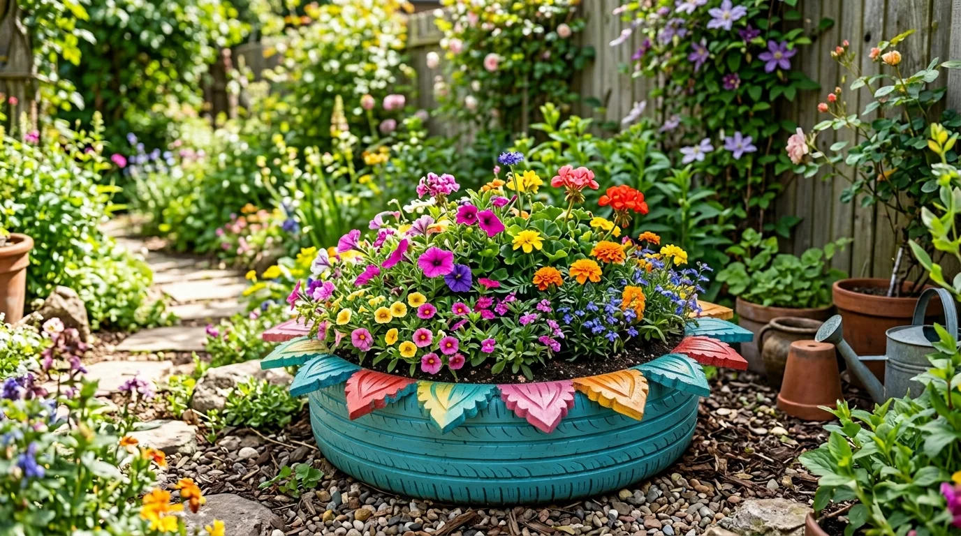 A tire cut and shaped into petal edges forming a flower planter filled with colorful flowers bright daylight artistic DIY garden decor no people