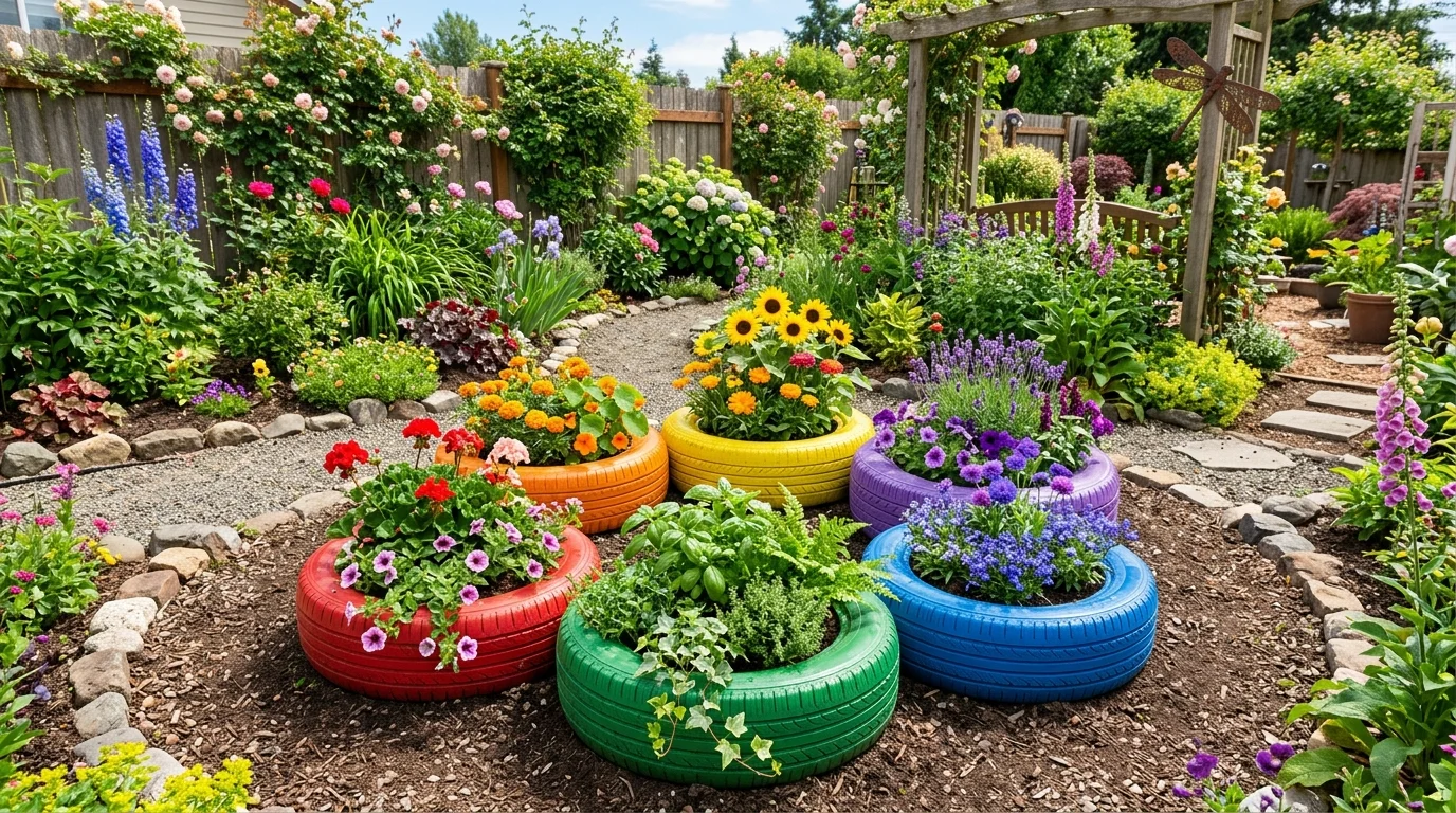 A set of tires arranged in a circular pattern painted in rainbow colors each filled with different plants bright lighting playful garden design no people