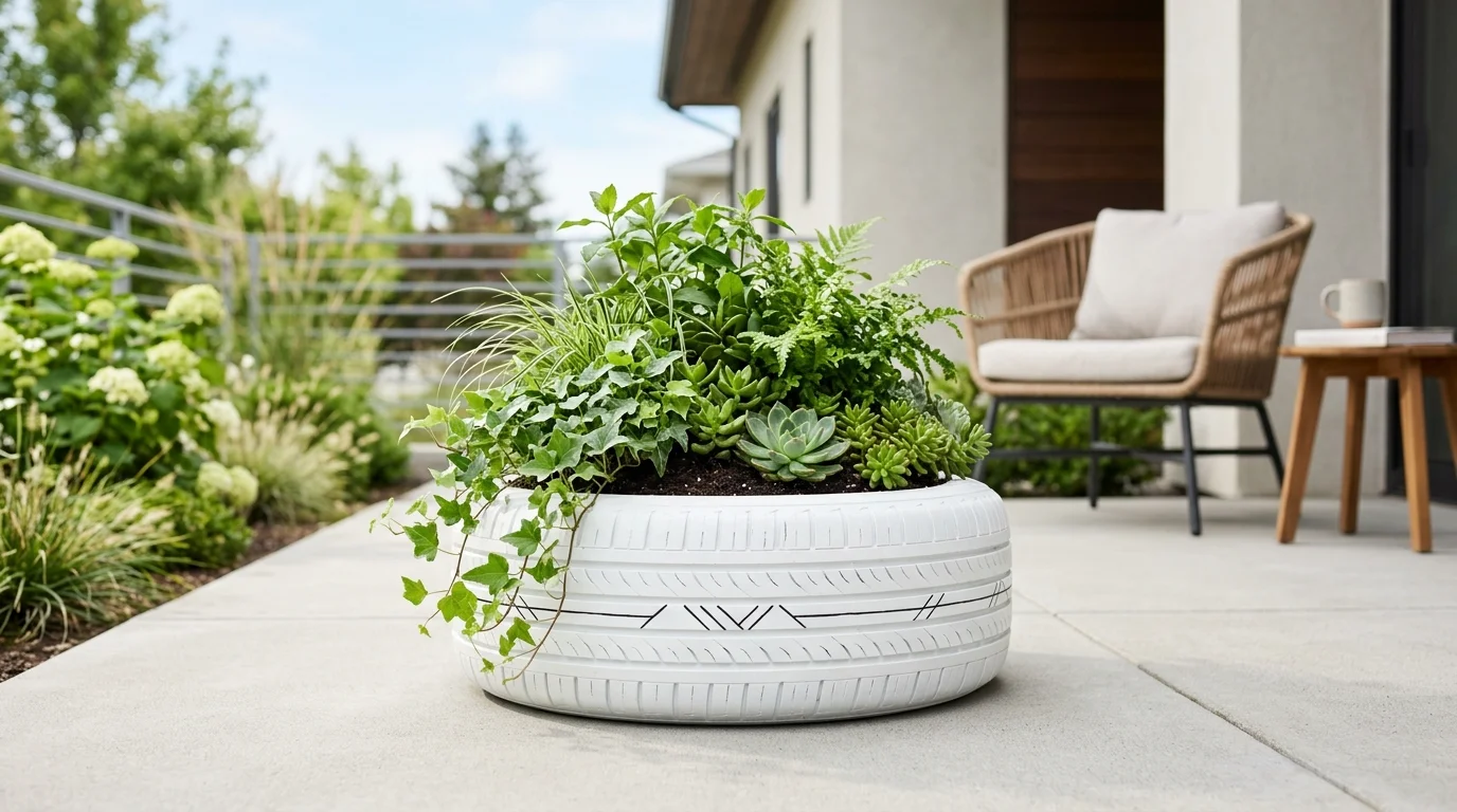 A tire planter painted white with a minimalist design holding green plants placed on a patio bright natural light clean modern outdoor decor no people