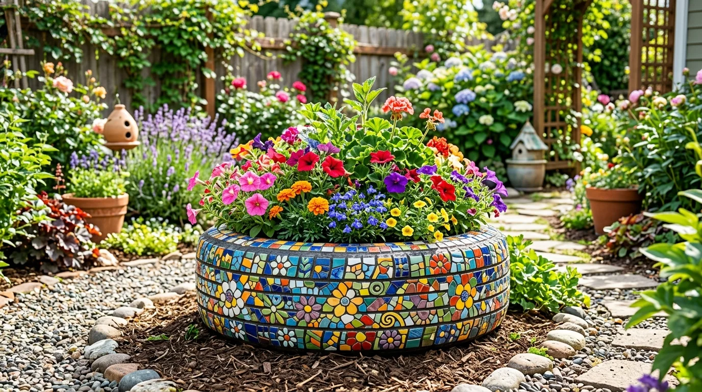 A tire planter with a mosaic painted design in multiple colors filled with blooming flowers bright sunlight vibrant creative garden display no people