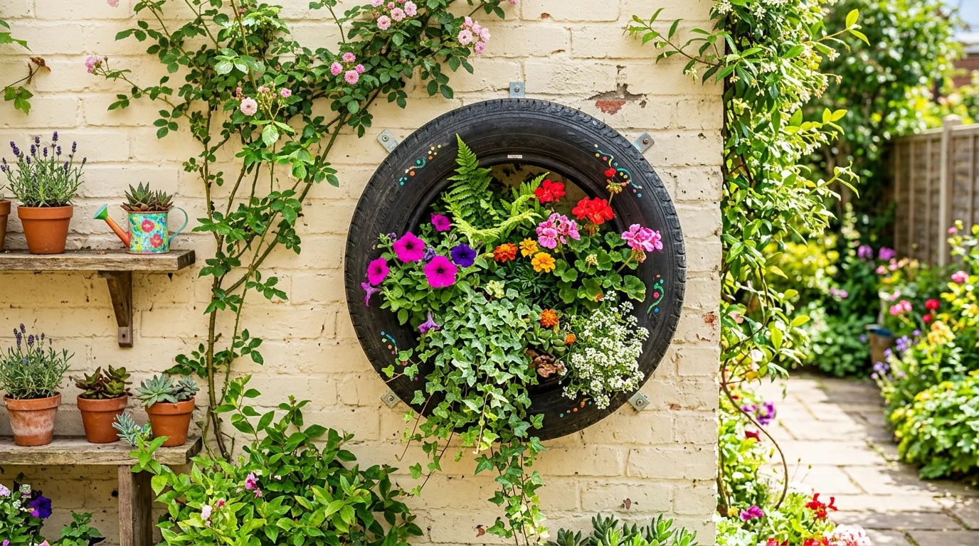 A tire mounted on a wall used as a planter filled with greenery bright natural daylight space saving colorful garden decor no people