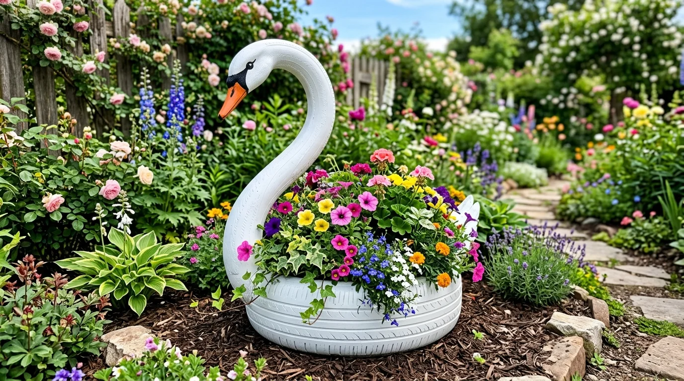 A tire planter shaped into a swan design painted white filled with flowers bright lighting whimsical decorative garden feature no people