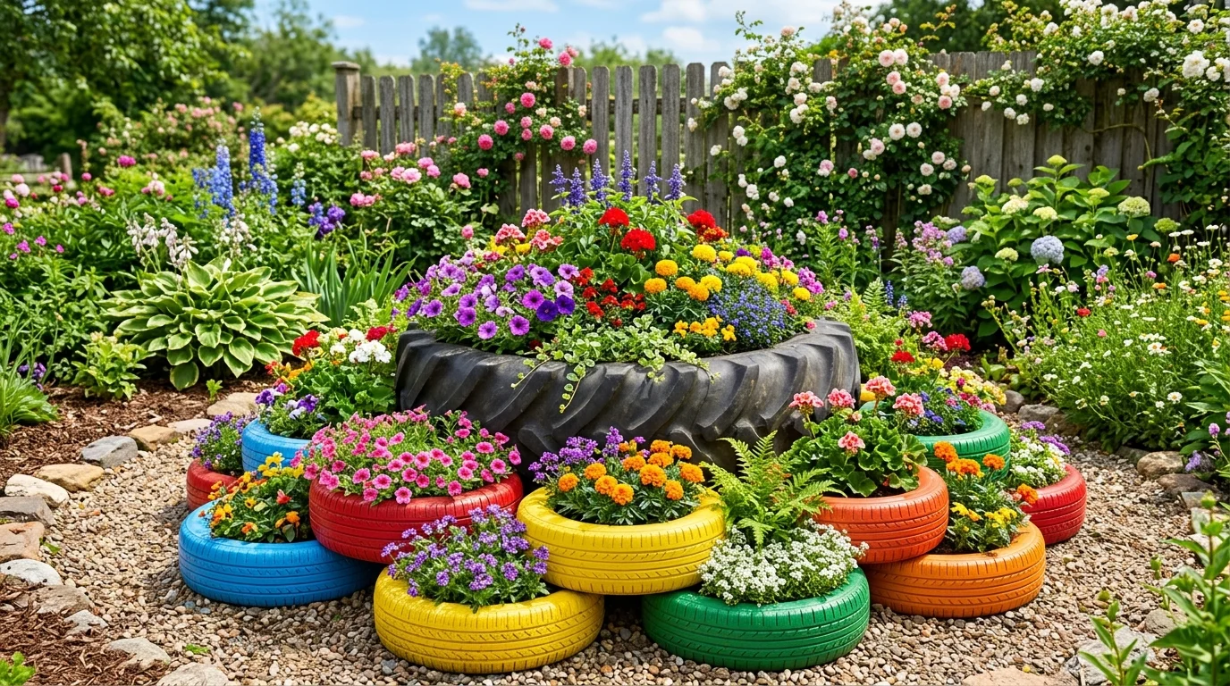 A large tire used as a base planter surrounded by smaller painted tires filled with flowers bright daylight layered colorful garden setup no people