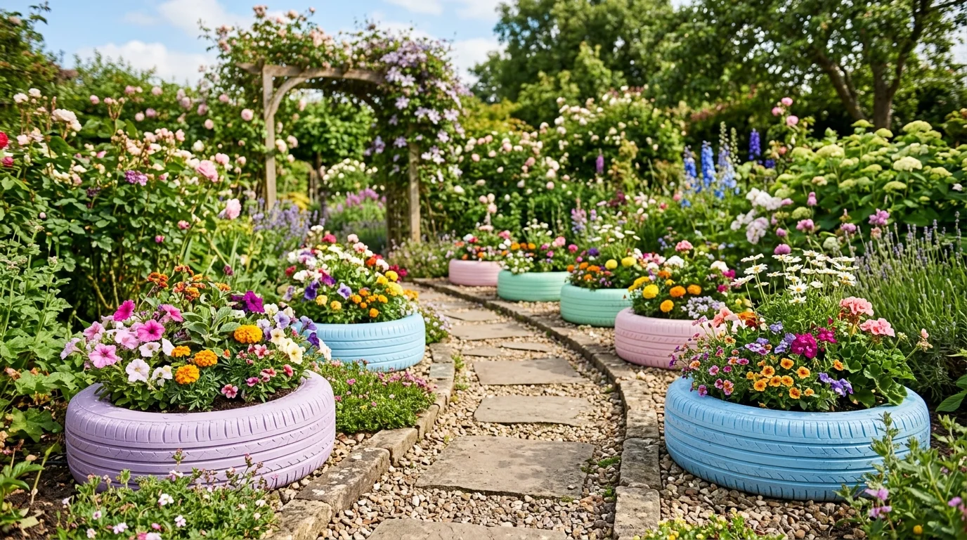 A tire planter painted in soft pastel tones arranged along a garden path filled with flowers bright natural light charming decorative border no people