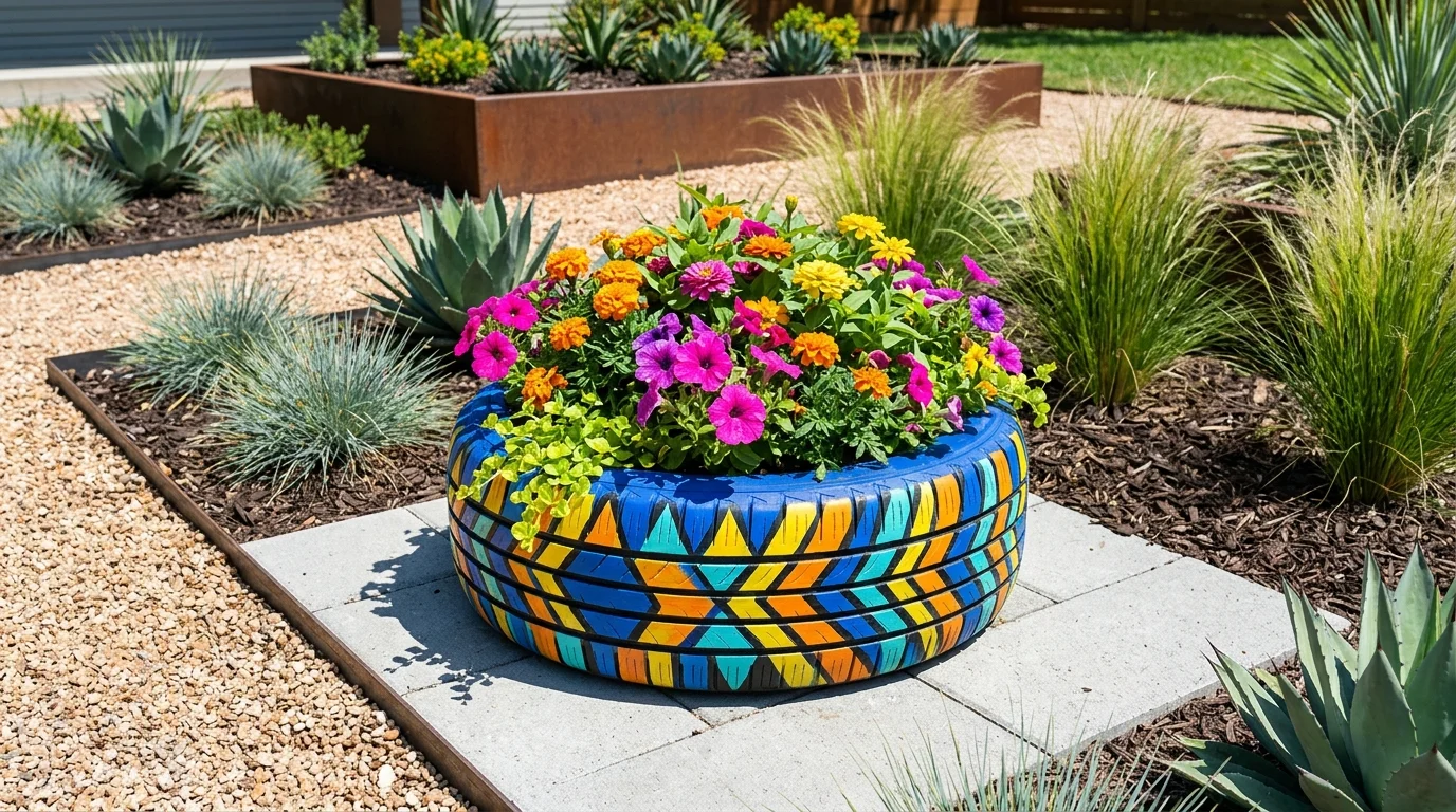 A tire planter with geometric painted patterns filled with bright flowers placed in a yard bright lighting bold modern garden design no people