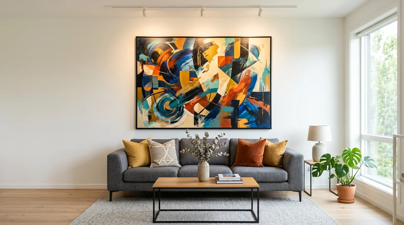 A large statement canvas with bold abstract art hung above a sofa bright lighting artistic focal point for a blank wall no people