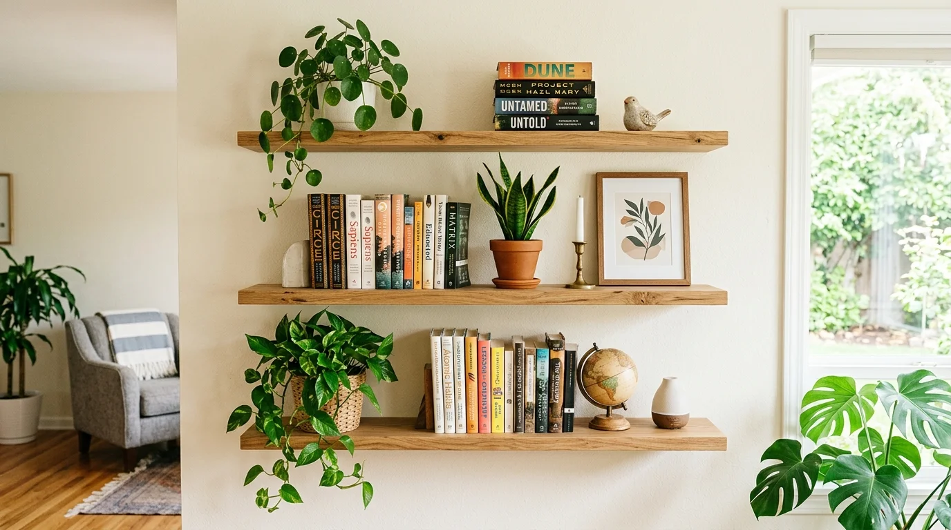 A set of floating shelves mounted on a wall holding plants books and decorative objects bright natural light functional stylish display no people