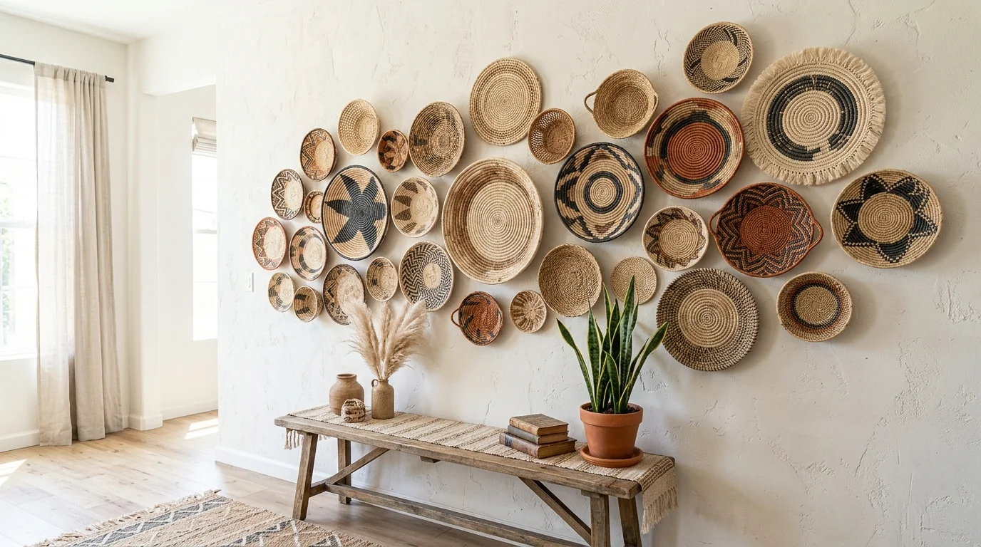 A wall decorated with woven baskets of different sizes arranged in a pattern bright daylight textured boho inspired decor no people