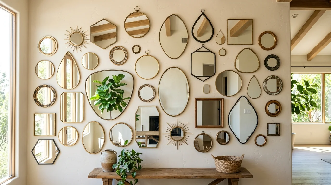 A collection of mirrors in various shapes mounted on a wall reflecting light and creating depth bright natural lighting visually dynamic design no people
