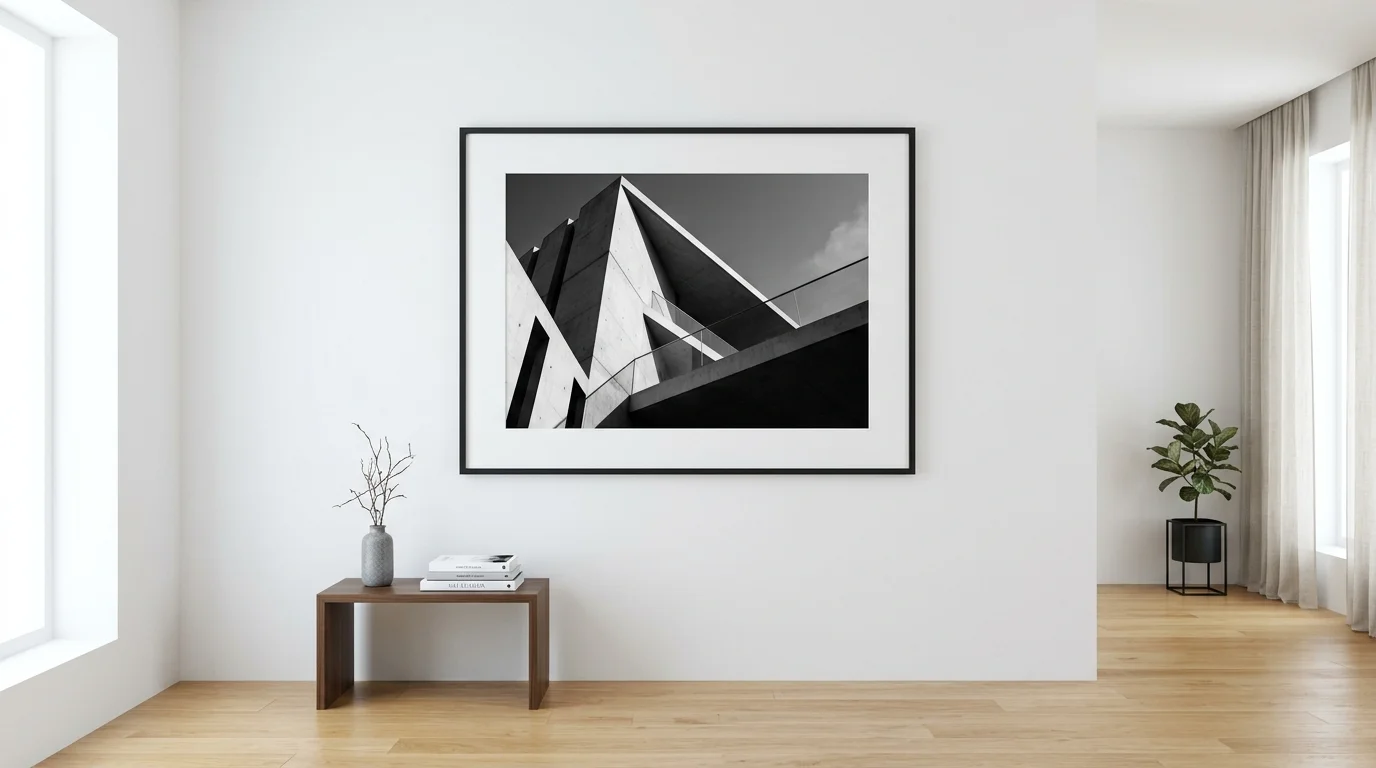 A wall with a large framed photograph in black and white creating a minimalist artistic look bright lighting clean modern style no people