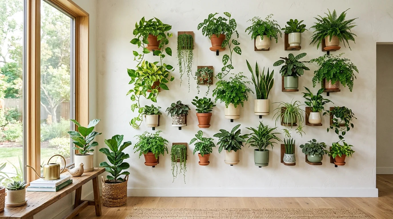 A display of wall mounted plants in planters arranged vertically bright natural daylight fresh green decor idea no people