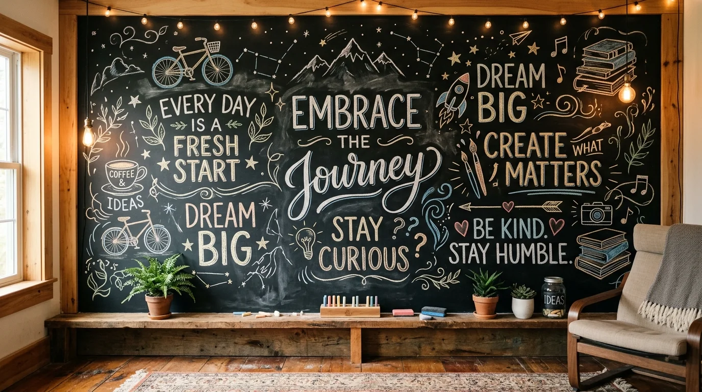 A chalkboard wall art with handwritten quotes and drawings soft lighting interactive creative decor no people