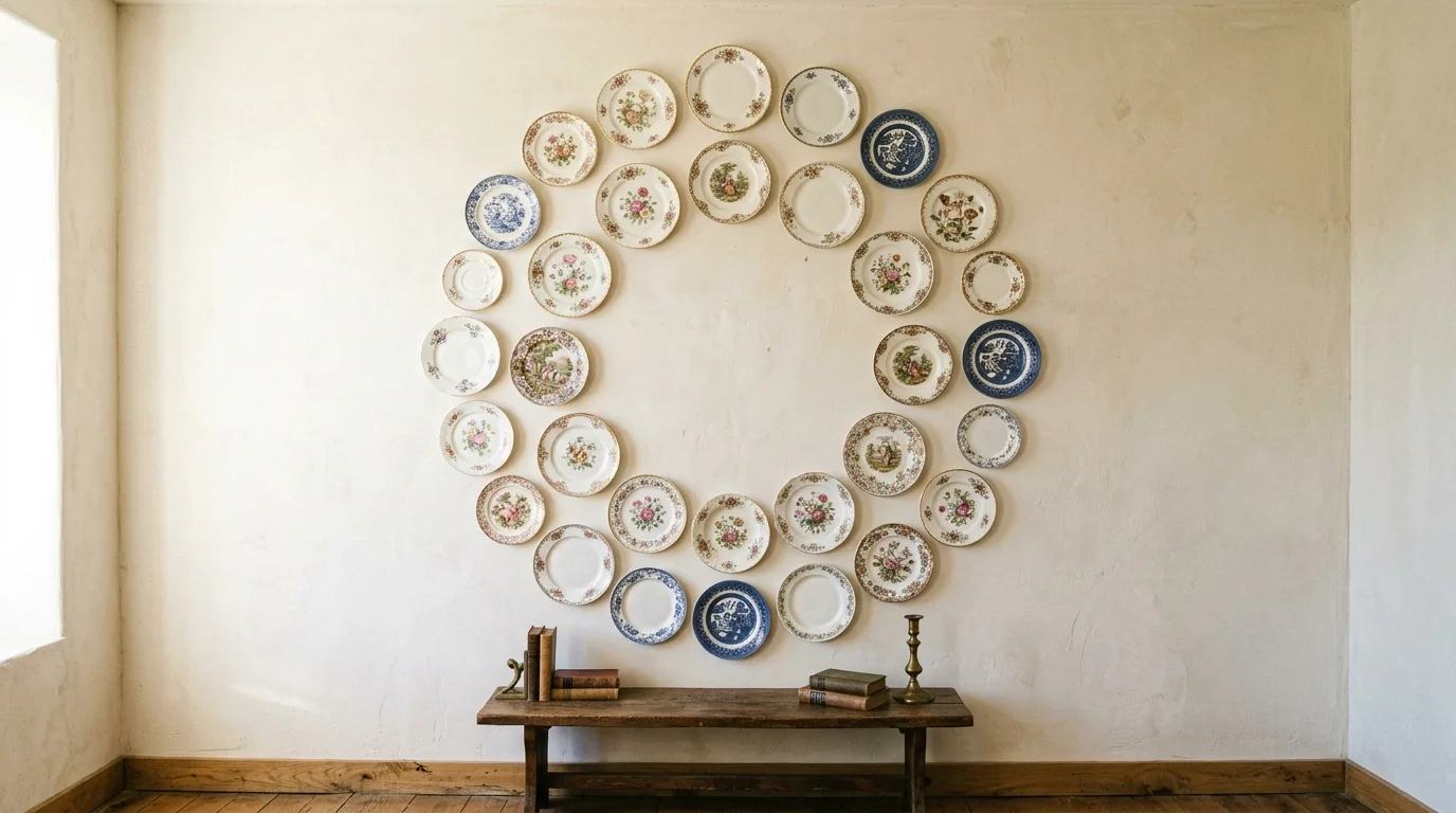 A wall with decorative plates arranged in a circular pattern bright lighting unique vintage inspired display no people