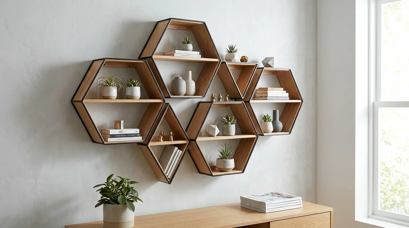 A set of geometric wall shelves holding small decor items bright lighting modern stylish arrangement no people
