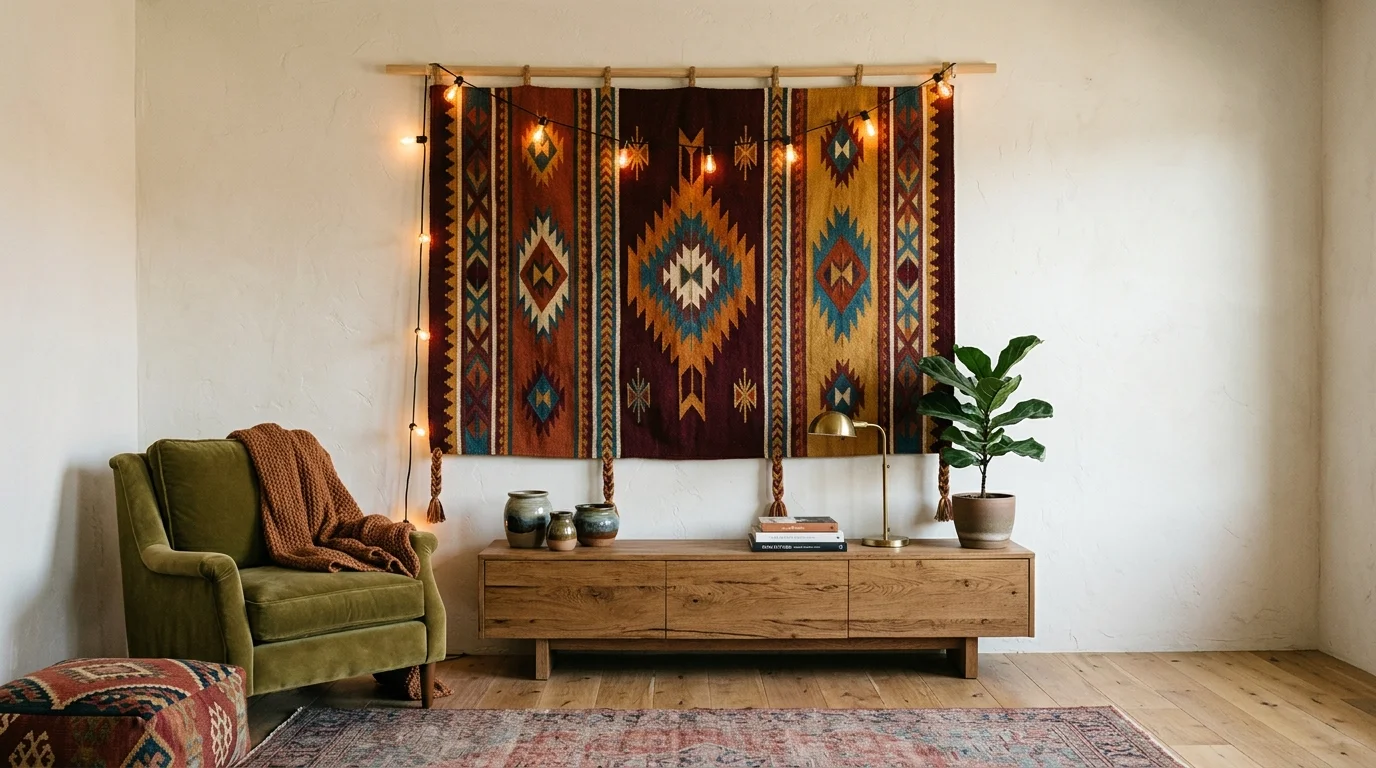 A hanging tapestry with bold patterns and colors covering a large blank wall soft lighting cozy artistic vibe no people