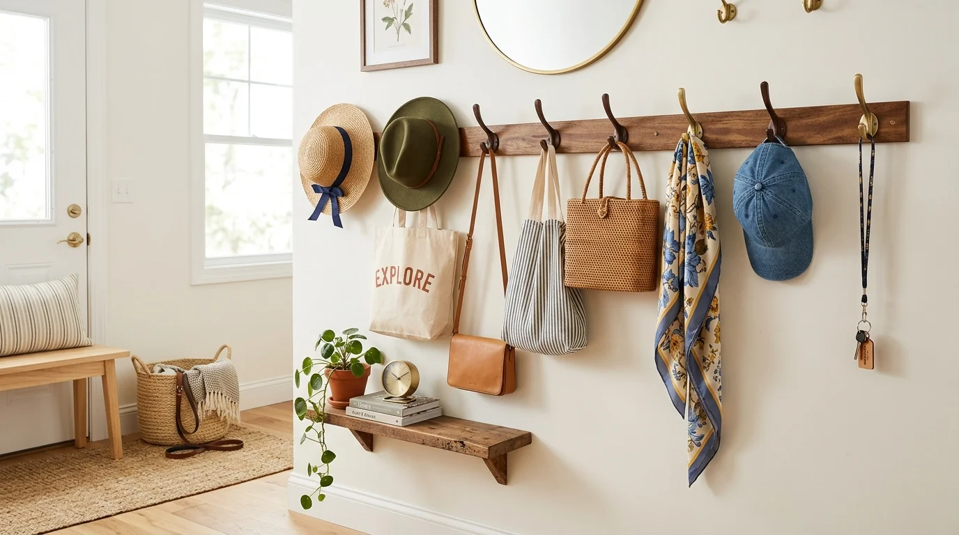 A wall with mounted hooks holding hats bags and accessories styled decoratively bright lighting functional creative solution no people