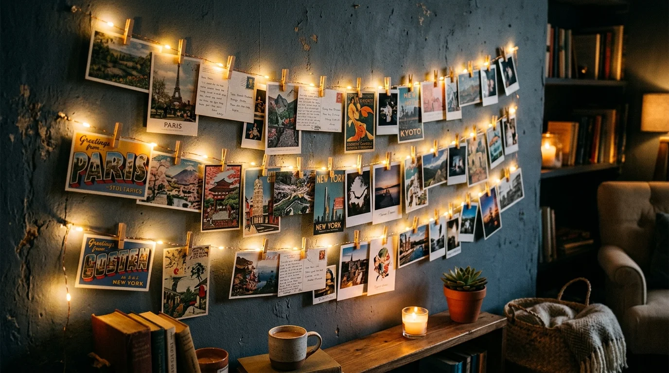 A collage of postcards and prints clipped to string lights creating a glowing display warm lighting personalized cozy decor no people